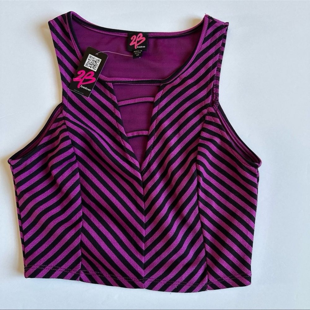 SOLD! 2B Bebe Purple and Black Striped Women's Top: XS